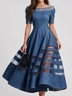 Women's Round-neck Short-sleeve Casual Loose-fit Denim-paneled Dress