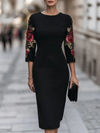 Floral Embroidery Sleeve Sheath Midi Dress