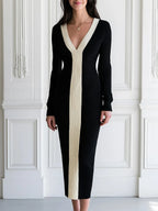 Color Block V-Neck Long Sleeve Ribbed Knit Midi Dress
