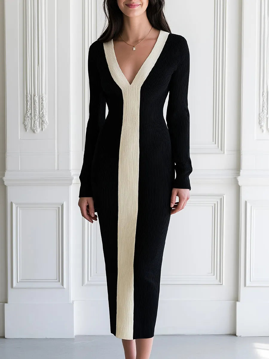 Color Block V-Neck Long Sleeve Ribbed Knit Midi Dress