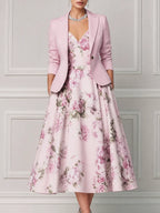 Blush Pink Tailored Blazer & Floral A-Line Midi Dress Set