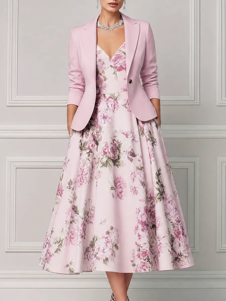Blush Pink Tailored Blazer & Floral A-Line Midi Dress Set