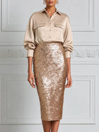 Champagne Satin Shirt Blouse & Sequin Pencil Skirt Set