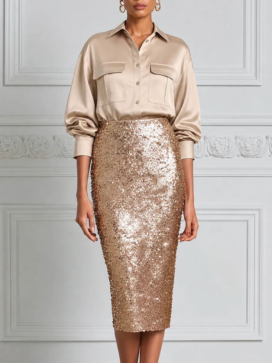 Champagne Satin Shirt Blouse & Sequin Pencil Skirt Set