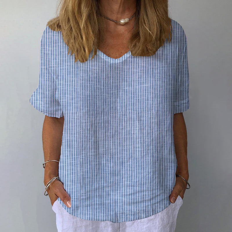 Women's Retro Striped Cotton And Linen Top