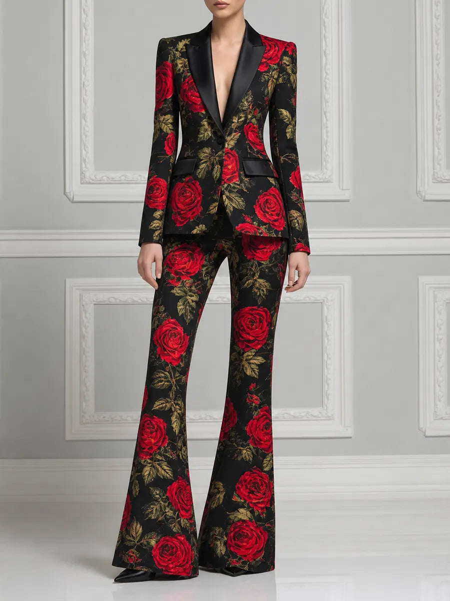 Black Red Rose Tailored Blazer & Flare Pants Set