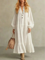 Women's Solid Color Long Sleeve Button Art Casual Stylish Cotton Linen Dress