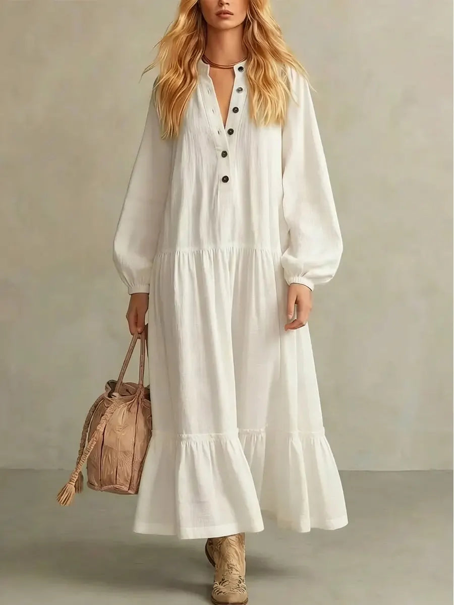 Women's Solid Color Long Sleeve Button Art Casual Stylish Cotton Linen Dress