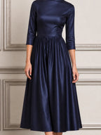 Navy Dress Fall Wedding Guest Dress Satin Mock Neck A-Line Midi Dress