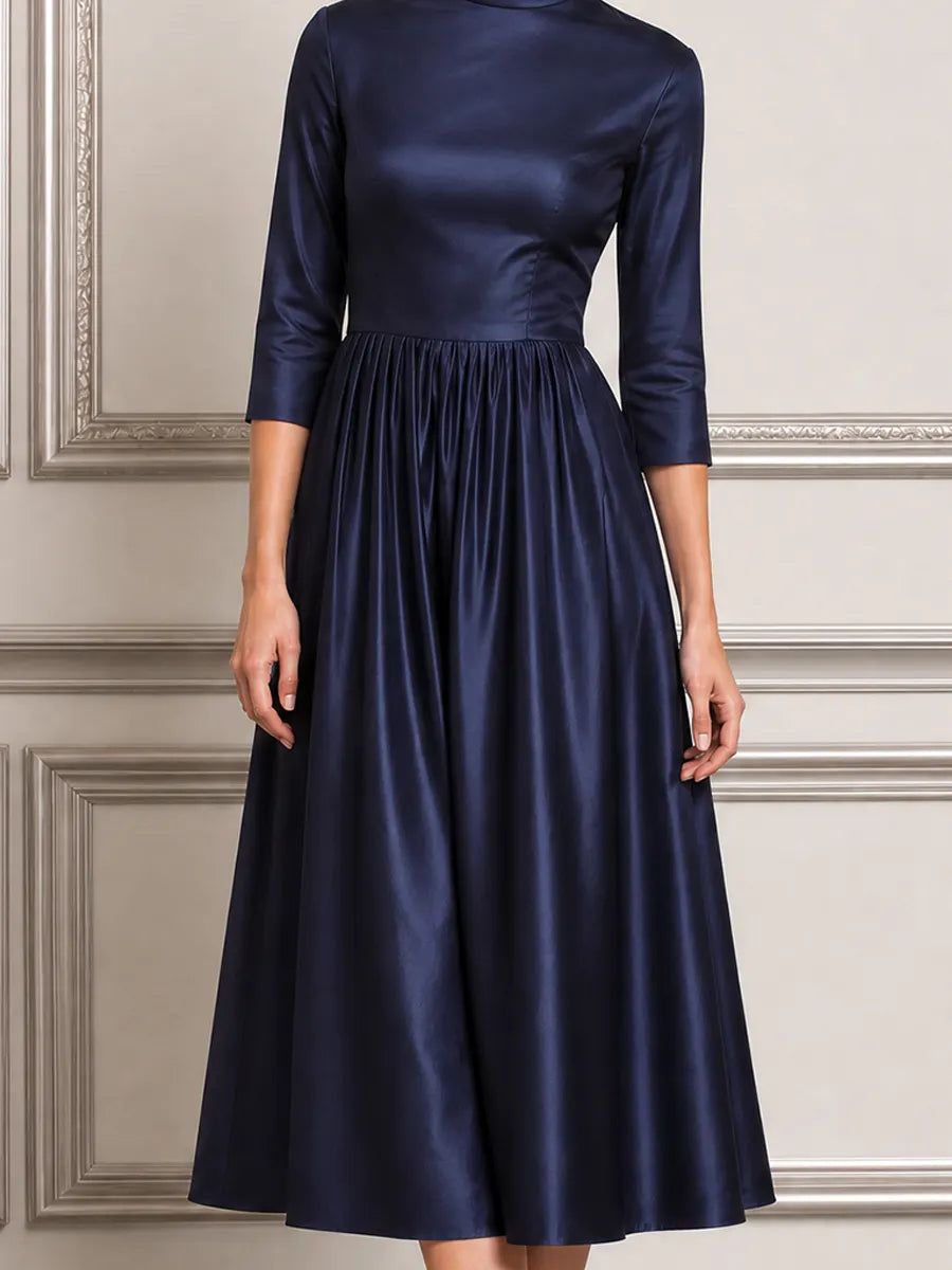 Navy Dress Fall Wedding Guest Dress Satin Mock Neck A-Line Midi Dress