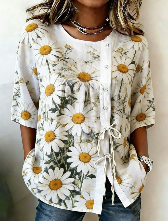 Printed Tie-Front Patchwork Crew-Neck Shirt