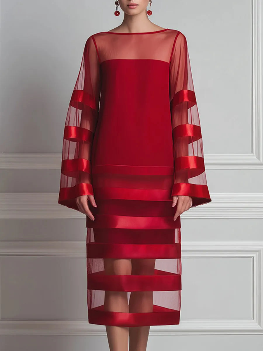 Bateau Neck Sheer Mesh Satin-Stripe Bell Sleeve Shift Midi Dress