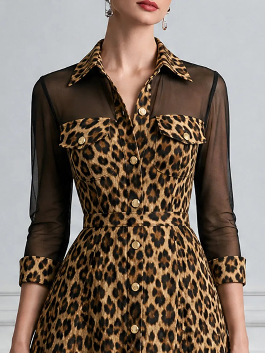 Leopard Print Mesh Patchwork Collared Shirt Midi Dress