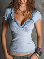 Romantic Boho Ribbed Ruffle Neck Fitted Top ¨C Soft Sky Blue