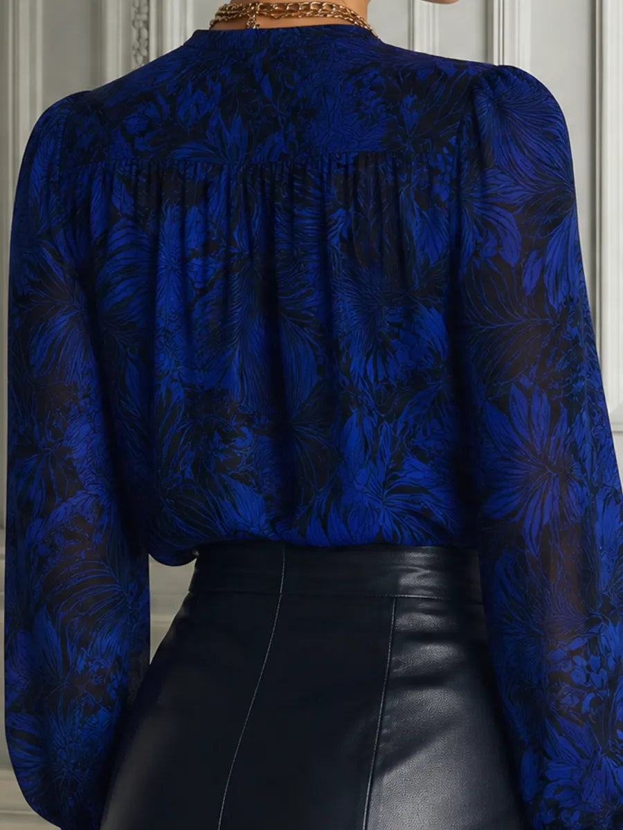 Royal Blue Floral Chiffon V Neck Bishop Sleeve Blouse