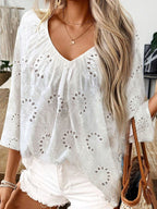 Women's Retro Lace Cotton And Linen Mid-length Sleeves V-neck Top