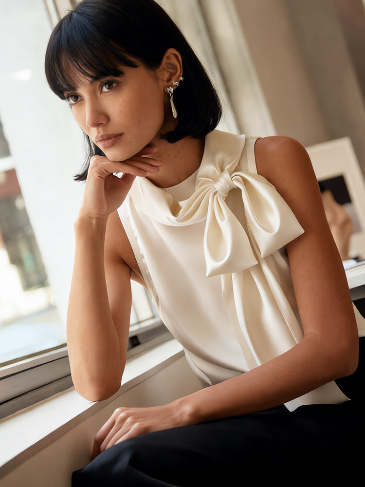 Elegant Champagne White Satin Sleeveless Bow Shirt
