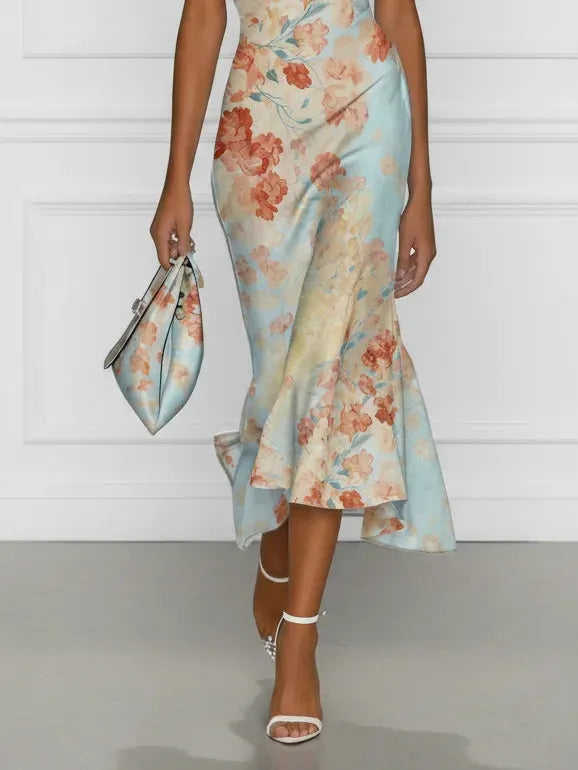 Blue Floral The Shoulder Sleeveless Mermaid Midi Dress