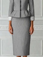 Grey Pinstripe Stand Collar Single Breasted Peplum Tailored Jacket & Pencil Skirt Two-Piece Suit Set