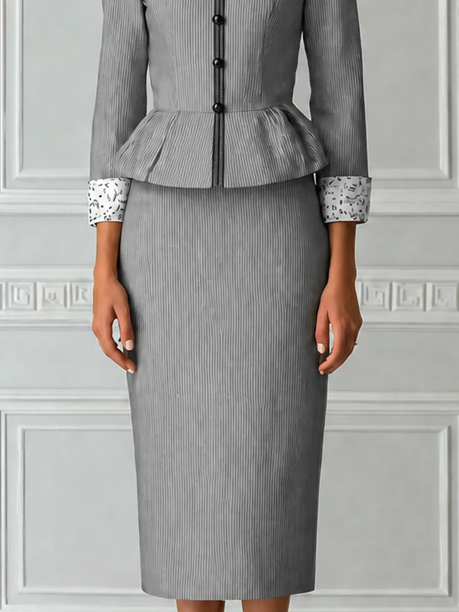 Grey Pinstripe Stand Collar Single Breasted Peplum Tailored Jacket & Pencil Skirt Two-Piece Suit Set