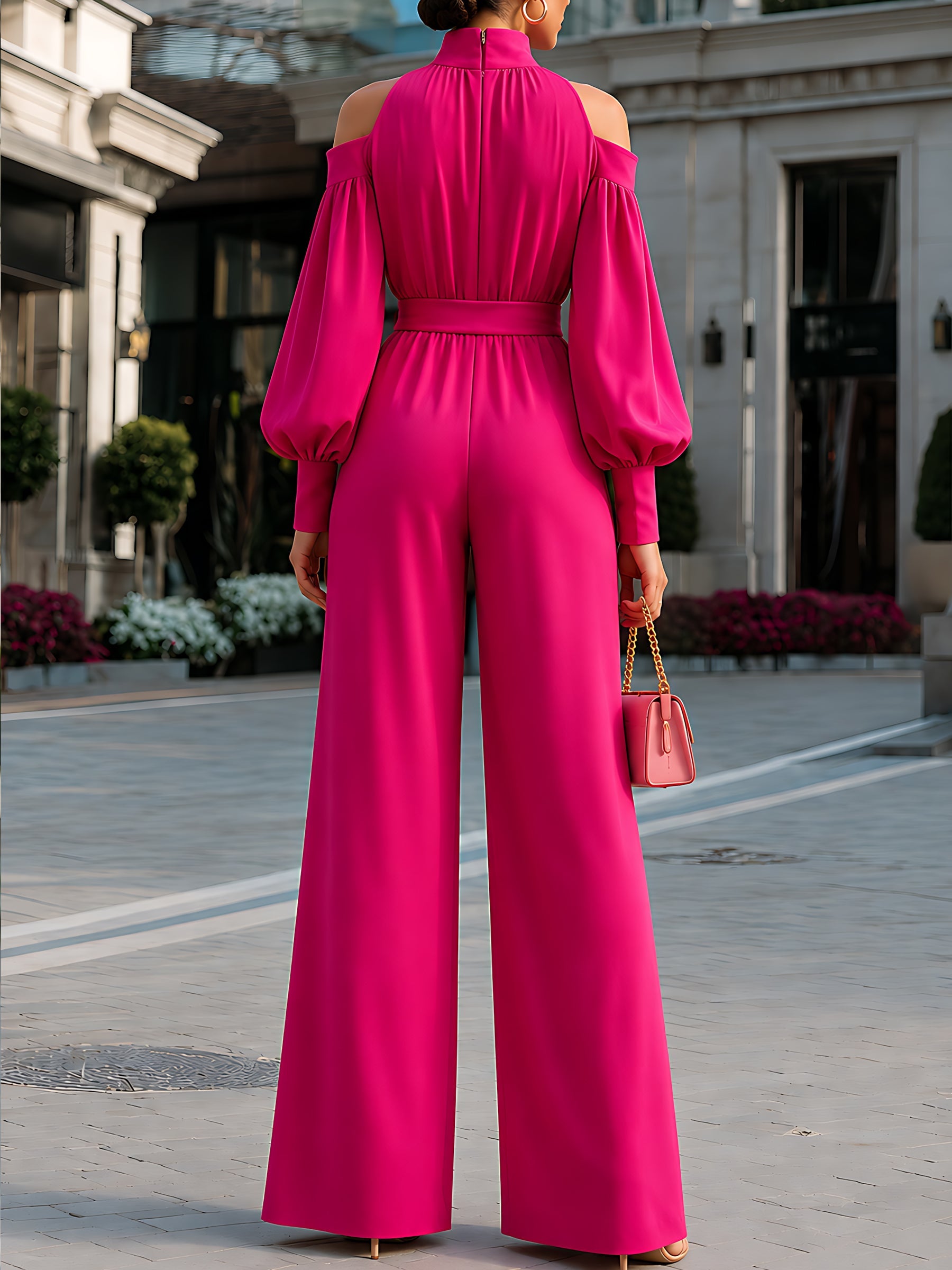 Tie-Waist Cold-Shoulder Wide-Leg Jumpsuit