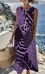Stylish Sleeveless Leopard-Print Patchwork Resort Dress