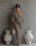Women's Ivory White Cotton-Linen Blend One-Shoulder Flowing Elegant Dress