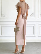 Women Pink Mock Neck Short Sleeve Dressy Dress With Top Two-Piece Set