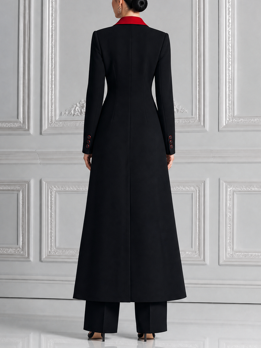 Black Red Contrast Longline Blazer Coat & Wide Leg Pants Set