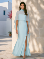 Elegant Powder Blue High-Neck Cape Side-Slit Evening Dinner Dress