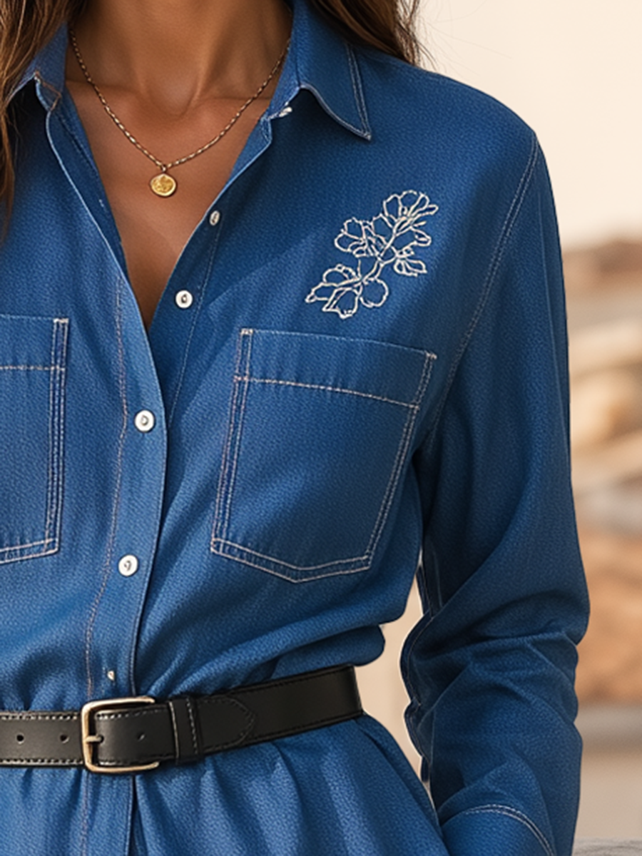Washed Indigo Tencel Embroidered Utility Pocket Button-Front Relaxed Resort Shirt