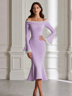 Elegant Off-Shoulder Lace Trim Bell Sleeve Mermaid Midi Dress