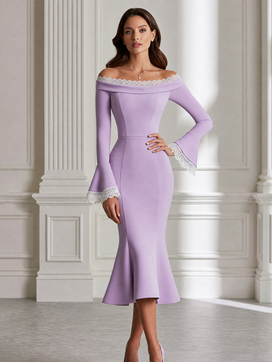 Elegant Off-Shoulder Lace Trim Bell Sleeve Mermaid Midi Dress