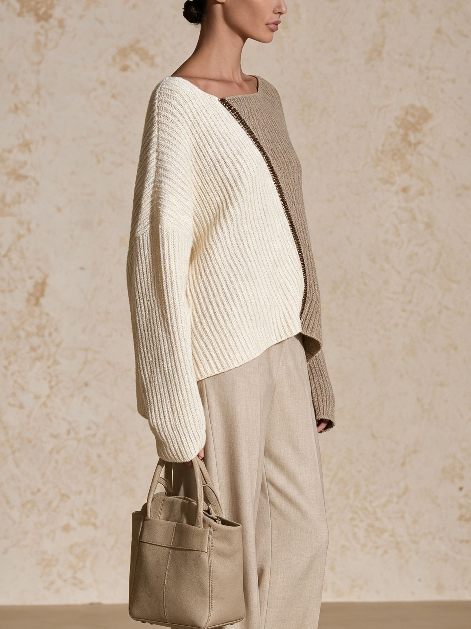 Two-Tone Ribbed Knit Asymmetric Sweater