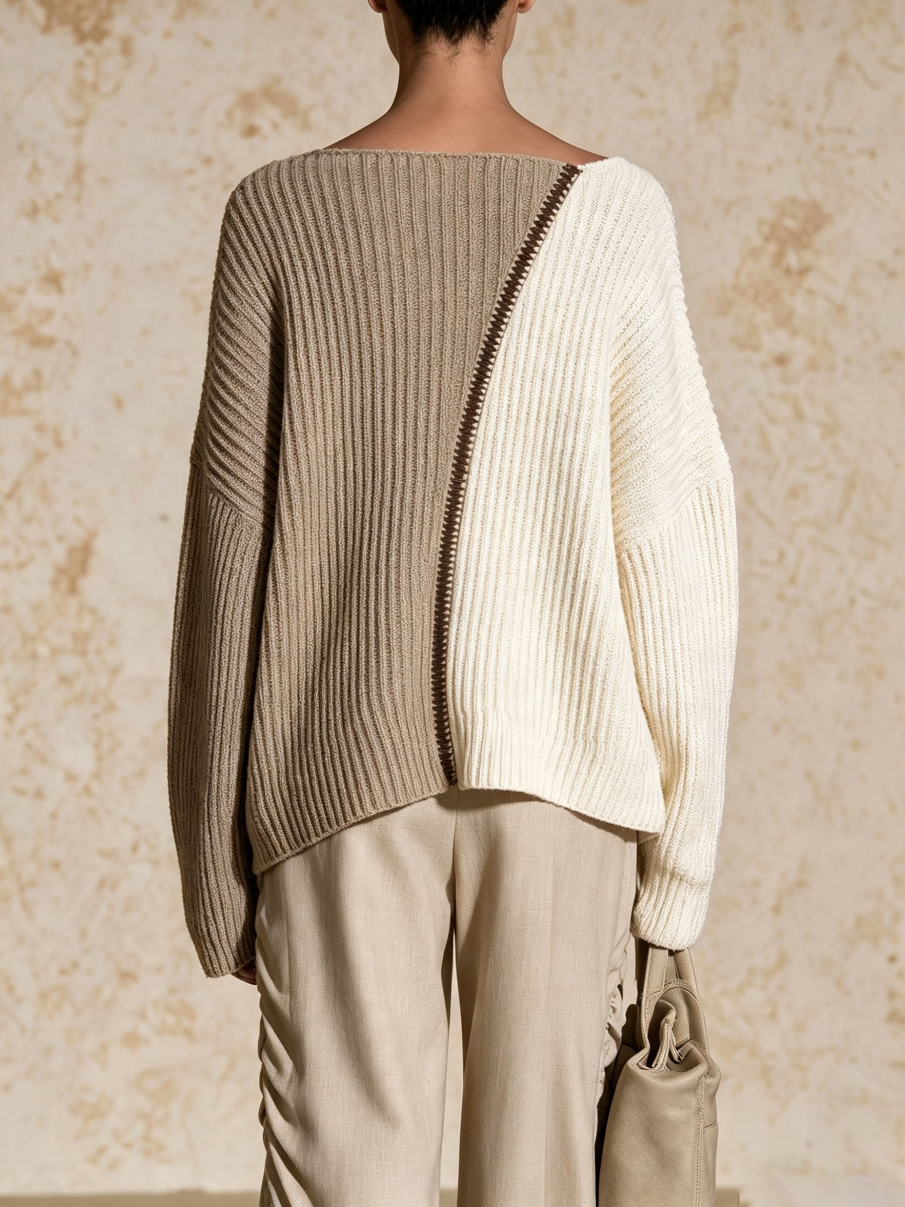 Two-Tone Ribbed Knit Asymmetric Sweater
