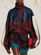 Women’s Color Block Leather Jacket – Oversized Cropped Faux Leather Bomber Jacket With Stand Collar