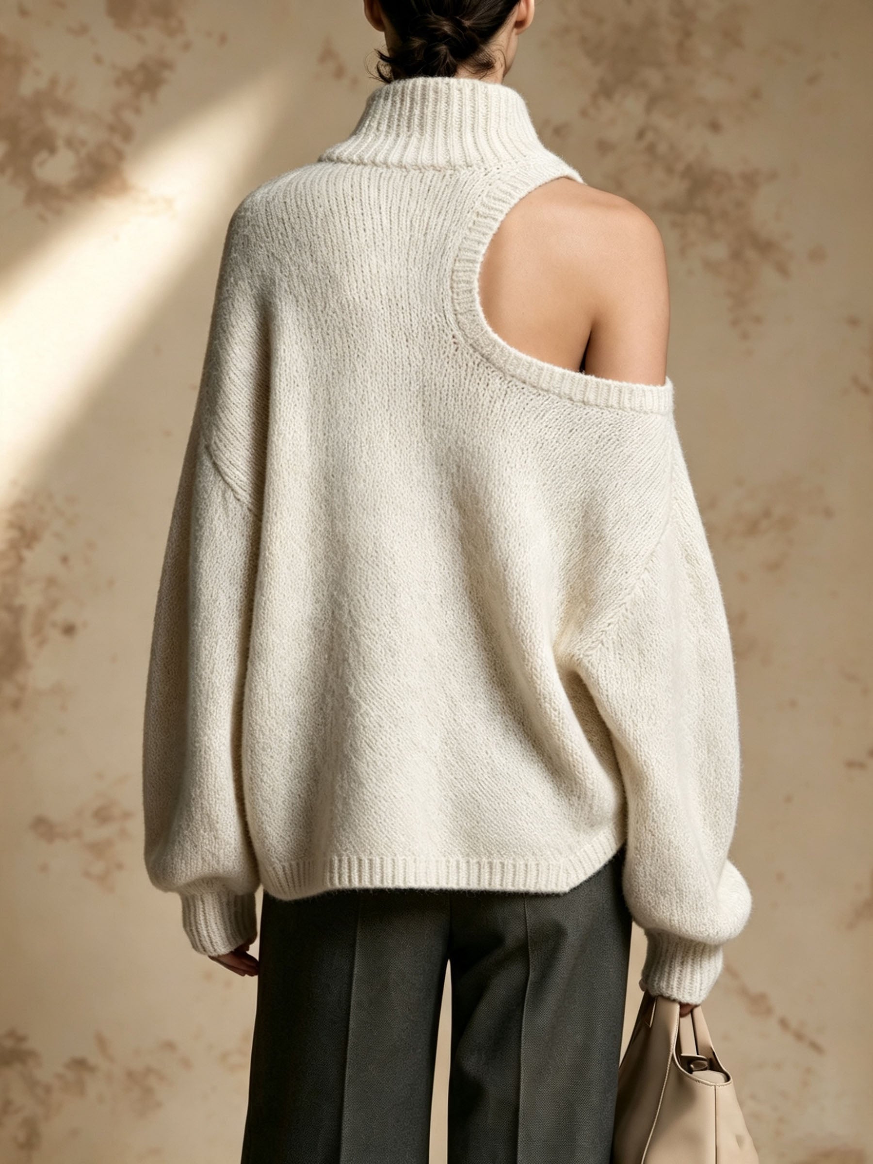 Asymmetric Cold Shoulder Turtleneck Knit Sweater, Diagonal Button Oversized Jumper
