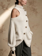 Asymmetric Cold Shoulder Turtleneck Knit Sweater, Diagonal Button Oversized Jumper