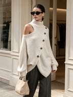 Asymmetric Cold Shoulder Turtleneck Knit Sweater, Diagonal Button Oversized Jumper
