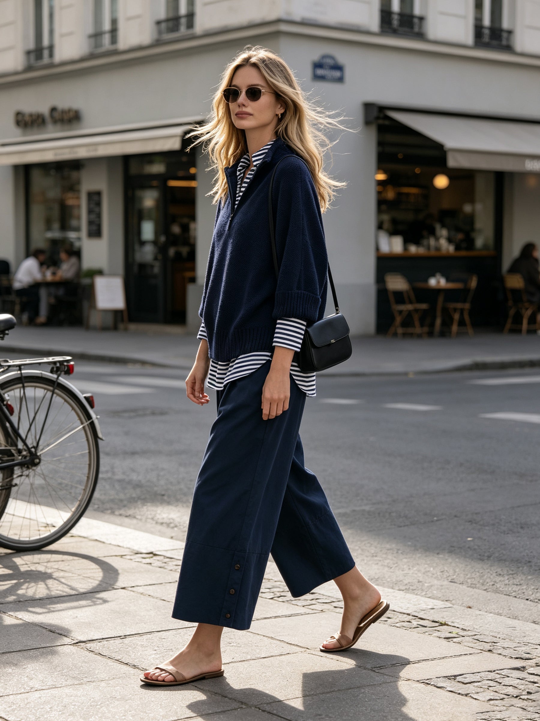Navy Stripe Layered Knit Set – Relaxed Pullover Sweater & Wide-Leg Pants Outfit