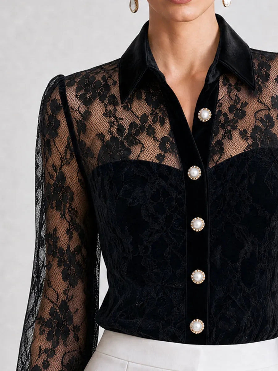 Elegant Velvet Collar & Pearl Buttons Floral Lace Blouse