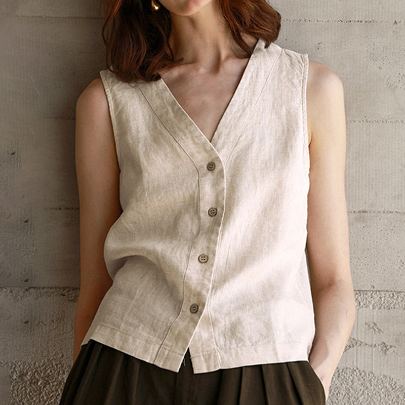 Women's Solid Color Cotton-linen Button-up Vest