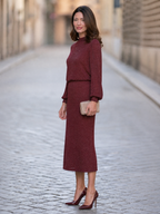 Metallic-Thread High-Neck Long-Sleeve Top And Midi Skirt Two-Piece Set