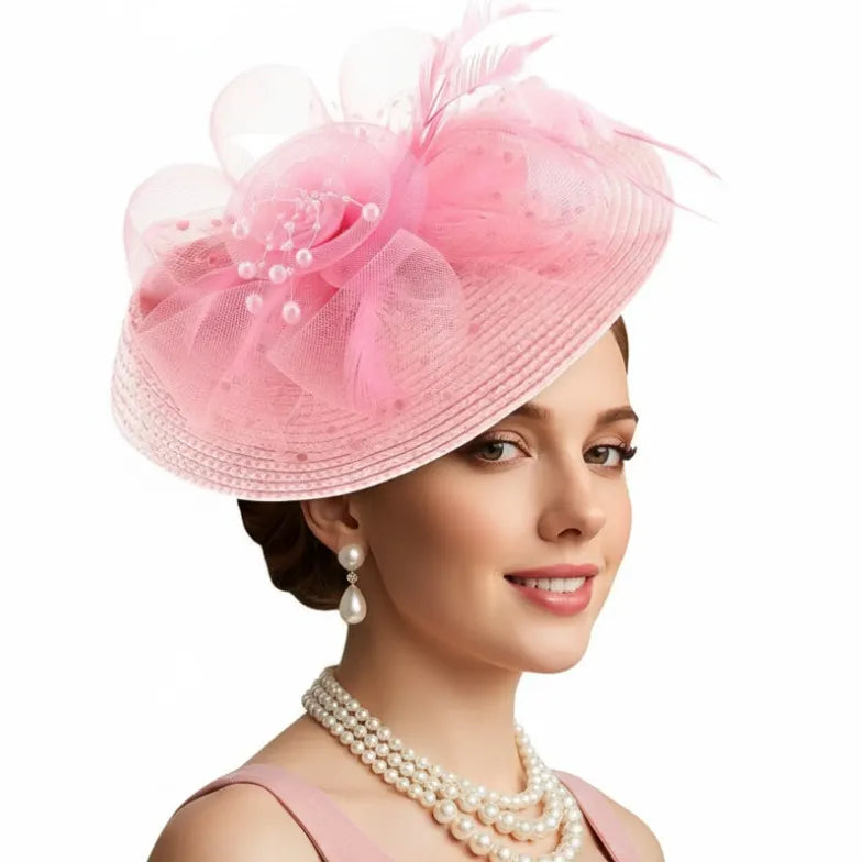 Mesh Floral Straw Feather Headdress Hat