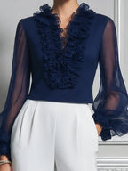 Navy Ruffle Chiffon Sleeve Blouse
