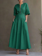 Women's Solid-color Round-neck 3/4-sleeve Casual Loose Cotton-linen Dress