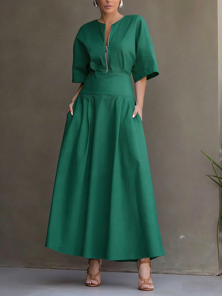 Women's Solid-color Round-neck 3/4-sleeve Casual Loose Cotton-linen Dress