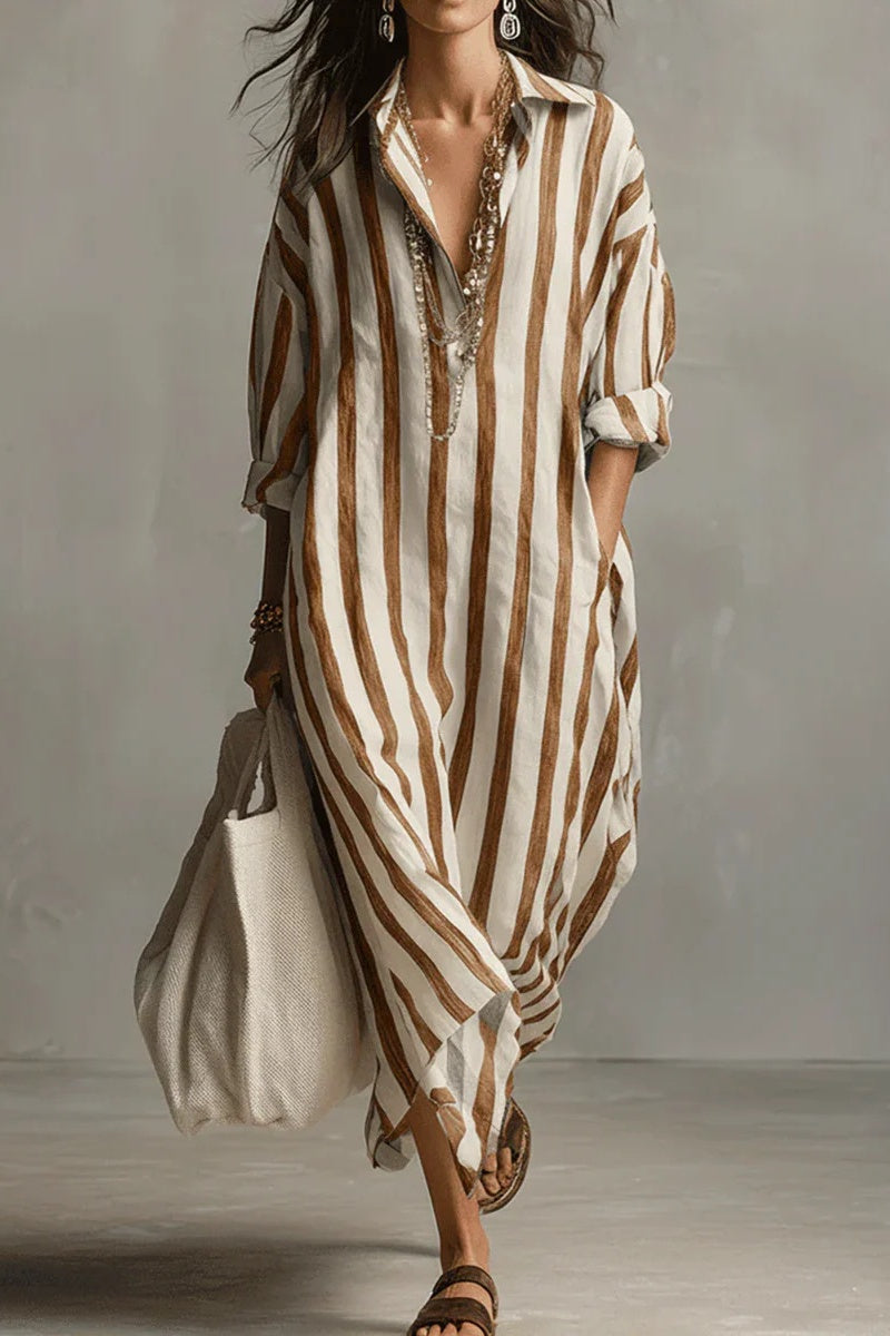 Casual Striped Shirt Bohemian Style Maxi Dress