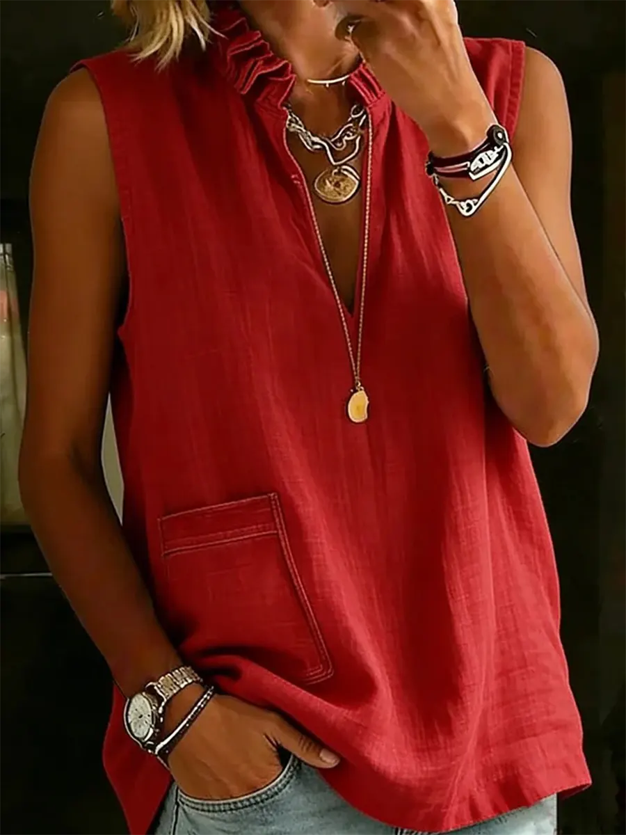 Women's Casual Stylish V- Collar Sleeveless Cotton-linen Top