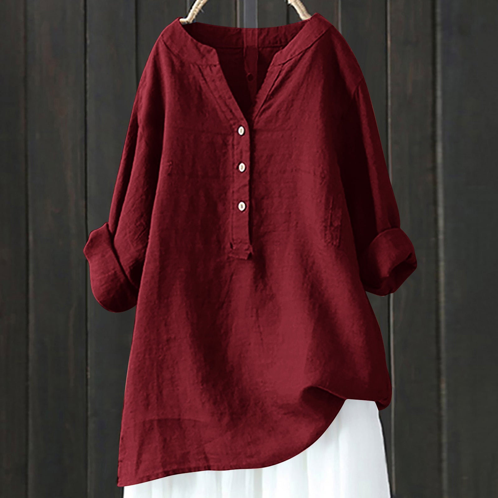 Vintage Button Cotton Linen V Neck Comfy Shirt
